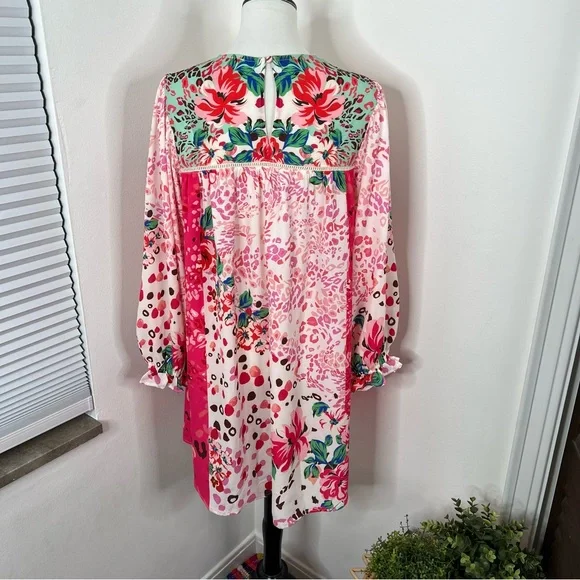 Umgee | NWT Rosie Fushia Floral Animal Print Dot Long Sleeve Tunic Dress - Picture 5 of 12